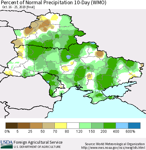 Ukraine, Moldova and Belarus Percent of Normal Precipitation 10-Day (WMO) Thematic Map For 10/16/2020 - 10/25/2020