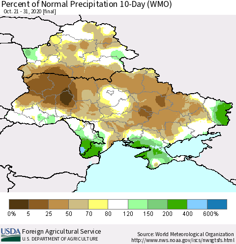 Ukraine, Moldova and Belarus Percent of Normal Precipitation 10-Day (WMO) Thematic Map For 10/21/2020 - 10/31/2020