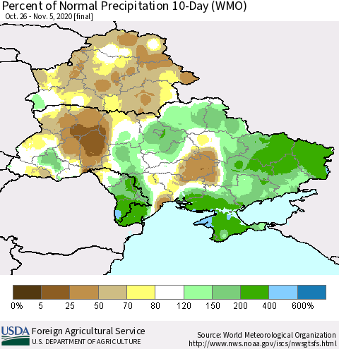 Ukraine, Moldova and Belarus Percent of Normal Precipitation 10-Day (WMO) Thematic Map For 10/26/2020 - 11/5/2020