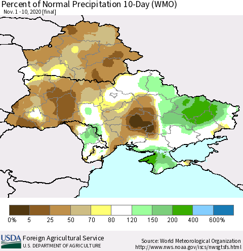 Ukraine, Moldova and Belarus Percent of Normal Precipitation 10-Day (WMO) Thematic Map For 11/1/2020 - 11/10/2020
