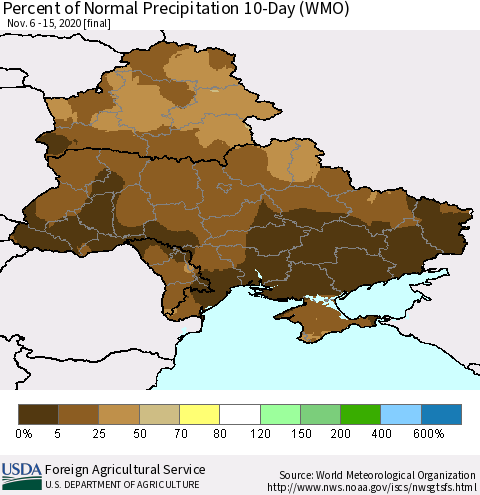 Ukraine, Moldova and Belarus Percent of Normal Precipitation 10-Day (WMO) Thematic Map For 11/6/2020 - 11/15/2020