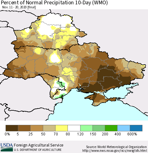 Ukraine, Moldova and Belarus Percent of Normal Precipitation 10-Day (WMO) Thematic Map For 11/11/2020 - 11/20/2020