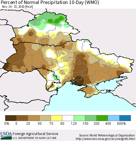 Ukraine, Moldova and Belarus Percent of Normal Precipitation 10-Day (WMO) Thematic Map For 11/16/2020 - 11/25/2020
