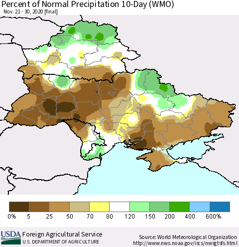 Ukraine, Moldova and Belarus Percent of Normal Precipitation 10-Day (WMO) Thematic Map For 11/21/2020 - 11/30/2020