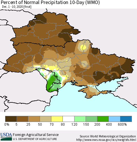 Ukraine, Moldova and Belarus Percent of Normal Precipitation 10-Day (WMO) Thematic Map For 12/1/2020 - 12/10/2020