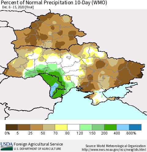 Ukraine, Moldova and Belarus Percent of Normal Precipitation 10-Day (WMO) Thematic Map For 12/6/2020 - 12/15/2020