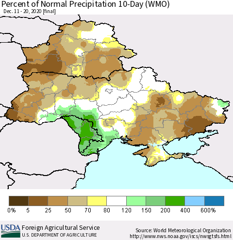 Ukraine, Moldova and Belarus Percent of Normal Precipitation 10-Day (WMO) Thematic Map For 12/11/2020 - 12/20/2020