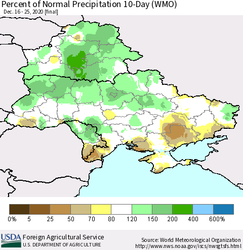 Ukraine, Moldova and Belarus Percent of Normal Precipitation 10-Day (WMO) Thematic Map For 12/16/2020 - 12/25/2020