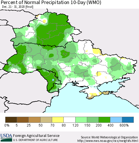 Ukraine, Moldova and Belarus Percent of Normal Precipitation 10-Day (WMO) Thematic Map For 12/21/2020 - 12/31/2020