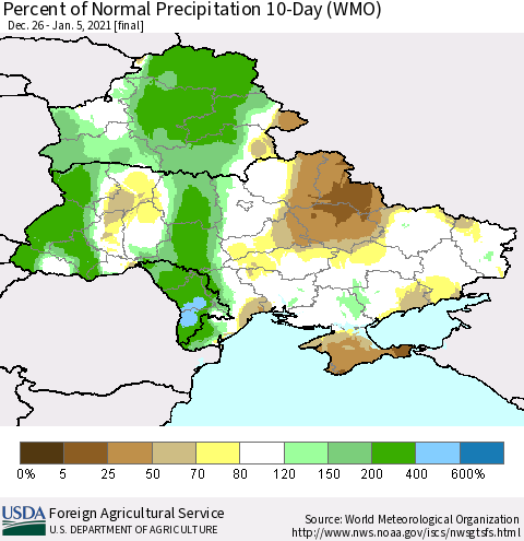 Ukraine, Moldova and Belarus Percent of Normal Precipitation 10-Day (WMO) Thematic Map For 12/26/2020 - 1/5/2021