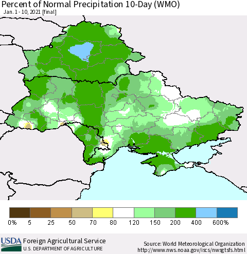 Ukraine, Moldova and Belarus Percent of Normal Precipitation 10-Day (WMO) Thematic Map For 1/1/2021 - 1/10/2021