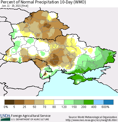 Ukraine, Moldova and Belarus Percent of Normal Precipitation 10-Day (WMO) Thematic Map For 1/11/2021 - 1/20/2021