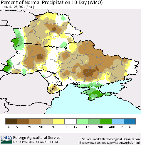 Ukraine, Moldova and Belarus Percent of Normal Precipitation 10-Day (WMO) Thematic Map For 1/16/2021 - 1/25/2021