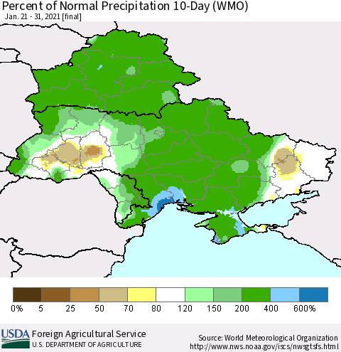 Ukraine, Moldova and Belarus Percent of Normal Precipitation 10-Day (WMO) Thematic Map For 1/21/2021 - 1/31/2021