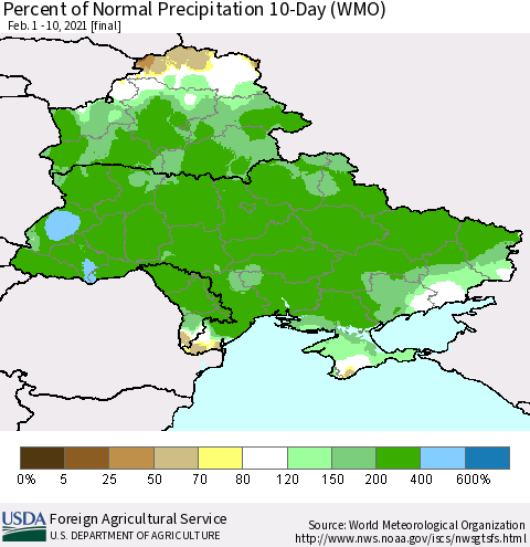 Ukraine, Moldova and Belarus Percent of Normal Precipitation 10-Day (WMO) Thematic Map For 2/1/2021 - 2/10/2021