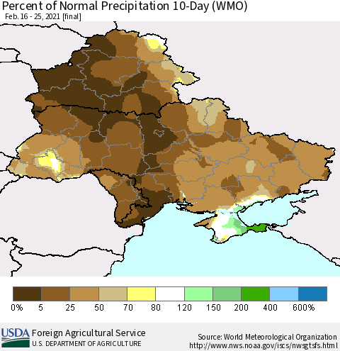 Ukraine, Moldova and Belarus Percent of Normal Precipitation 10-Day (WMO) Thematic Map For 2/16/2021 - 2/25/2021