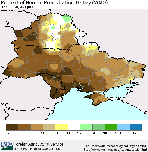 Ukraine, Moldova and Belarus Percent of Normal Precipitation 10-Day (WMO) Thematic Map For 2/21/2021 - 2/28/2021