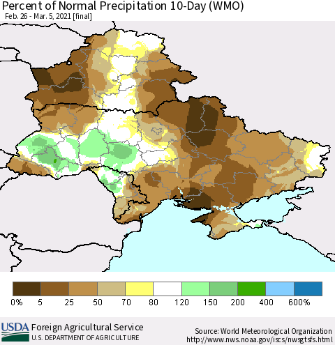 Ukraine, Moldova and Belarus Percent of Normal Precipitation 10-Day (WMO) Thematic Map For 2/26/2021 - 3/5/2021