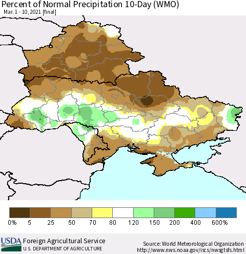 Ukraine, Moldova and Belarus Percent of Normal Precipitation 10-Day (WMO) Thematic Map For 3/1/2021 - 3/10/2021