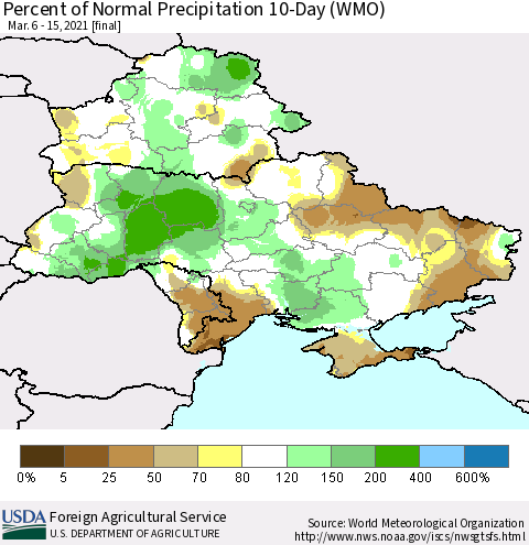 Ukraine, Moldova and Belarus Percent of Normal Precipitation 10-Day (WMO) Thematic Map For 3/6/2021 - 3/15/2021