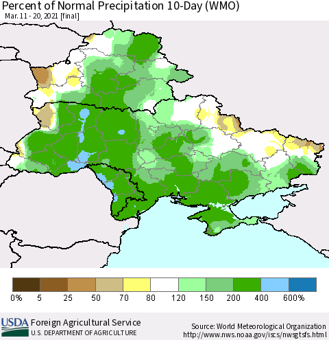 Ukraine, Moldova and Belarus Percent of Normal Precipitation 10-Day (WMO) Thematic Map For 3/11/2021 - 3/20/2021