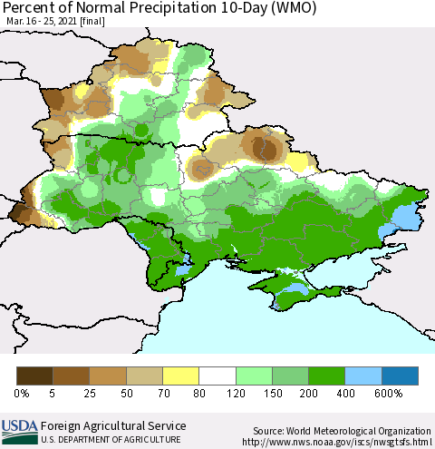 Ukraine, Moldova and Belarus Percent of Normal Precipitation 10-Day (WMO) Thematic Map For 3/16/2021 - 3/25/2021