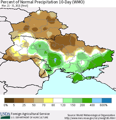 Ukraine, Moldova and Belarus Percent of Normal Precipitation 10-Day (WMO) Thematic Map For 3/21/2021 - 3/31/2021