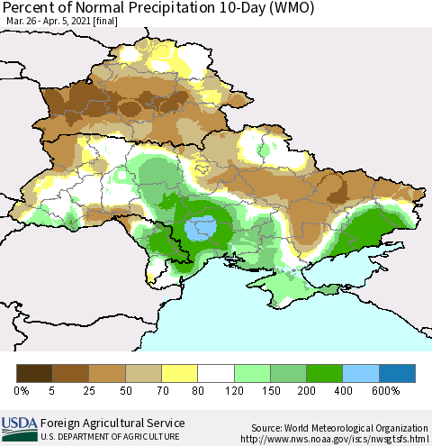 Ukraine, Moldova and Belarus Percent of Normal Precipitation 10-Day (WMO) Thematic Map For 3/26/2021 - 4/5/2021