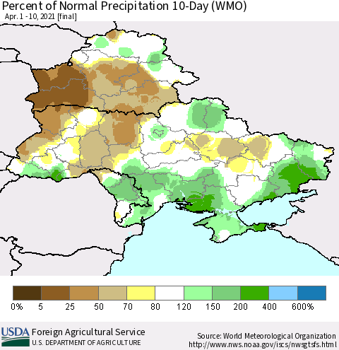 Ukraine, Moldova and Belarus Percent of Normal Precipitation 10-Day (WMO) Thematic Map For 4/1/2021 - 4/10/2021
