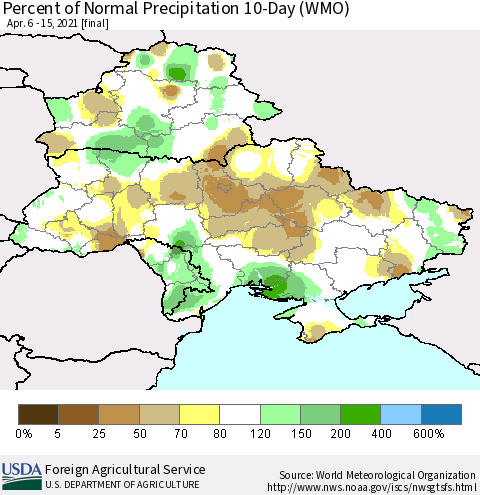 Ukraine, Moldova and Belarus Percent of Normal Precipitation 10-Day (WMO) Thematic Map For 4/6/2021 - 4/15/2021