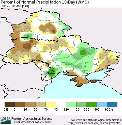 Ukraine, Moldova and Belarus Percent of Normal Precipitation 10-Day (WMO) Thematic Map For 4/21/2021 - 4/30/2021