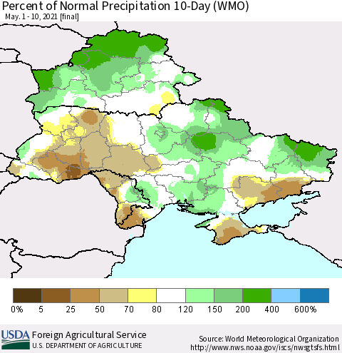 Ukraine, Moldova and Belarus Percent of Normal Precipitation 10-Day (WMO) Thematic Map For 5/1/2021 - 5/10/2021
