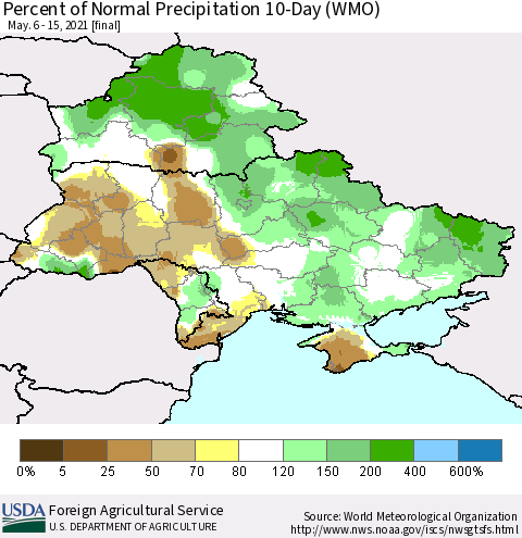 Ukraine, Moldova and Belarus Percent of Normal Precipitation 10-Day (WMO) Thematic Map For 5/6/2021 - 5/15/2021