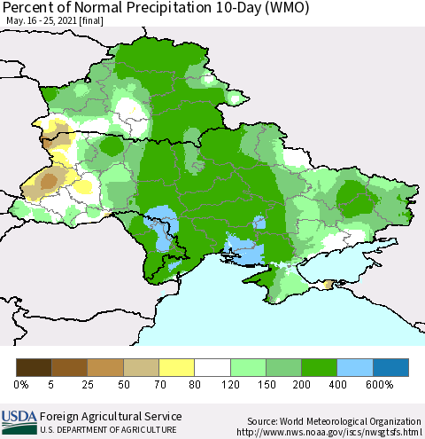 Ukraine, Moldova and Belarus Percent of Normal Precipitation 10-Day (WMO) Thematic Map For 5/16/2021 - 5/25/2021