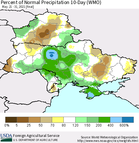 Ukraine, Moldova and Belarus Percent of Normal Precipitation 10-Day (WMO) Thematic Map For 5/21/2021 - 5/31/2021