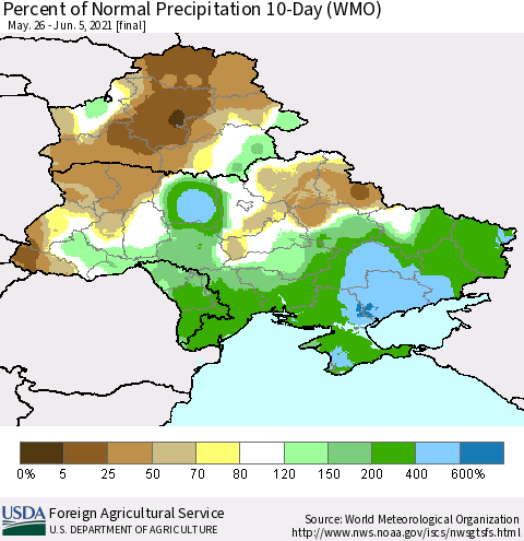Ukraine, Moldova and Belarus Percent of Normal Precipitation 10-Day (WMO) Thematic Map For 5/26/2021 - 6/5/2021