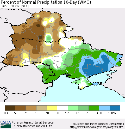 Ukraine, Moldova and Belarus Percent of Normal Precipitation 10-Day (WMO) Thematic Map For 6/1/2021 - 6/10/2021