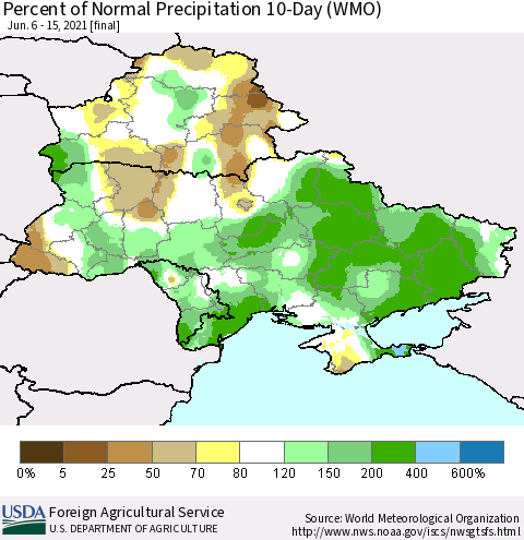 Ukraine, Moldova and Belarus Percent of Normal Precipitation 10-Day (WMO) Thematic Map For 6/6/2021 - 6/15/2021