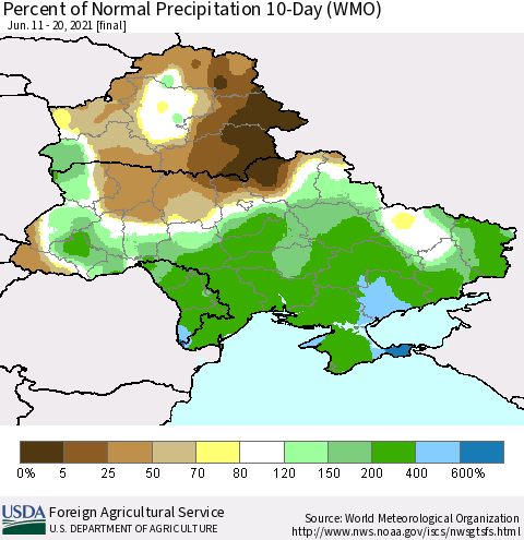Ukraine, Moldova and Belarus Percent of Normal Precipitation 10-Day (WMO) Thematic Map For 6/11/2021 - 6/20/2021