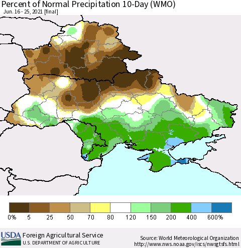 Ukraine, Moldova and Belarus Percent of Normal Precipitation 10-Day (WMO) Thematic Map For 6/16/2021 - 6/25/2021