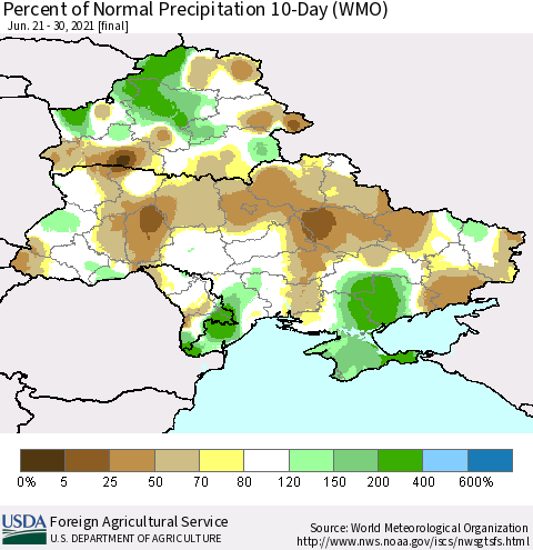 Ukraine, Moldova and Belarus Percent of Normal Precipitation 10-Day (WMO) Thematic Map For 6/21/2021 - 6/30/2021