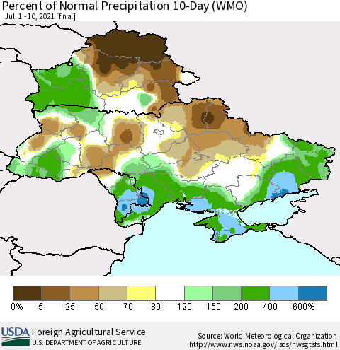 Ukraine, Moldova and Belarus Percent of Normal Precipitation 10-Day (WMO) Thematic Map For 7/1/2021 - 7/10/2021