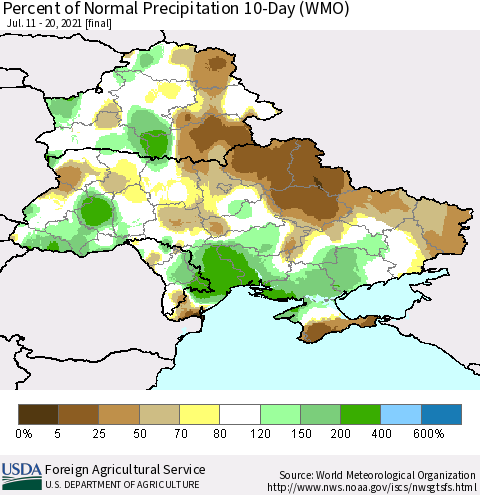 Ukraine, Moldova and Belarus Percent of Normal Precipitation 10-Day (WMO) Thematic Map For 7/11/2021 - 7/20/2021