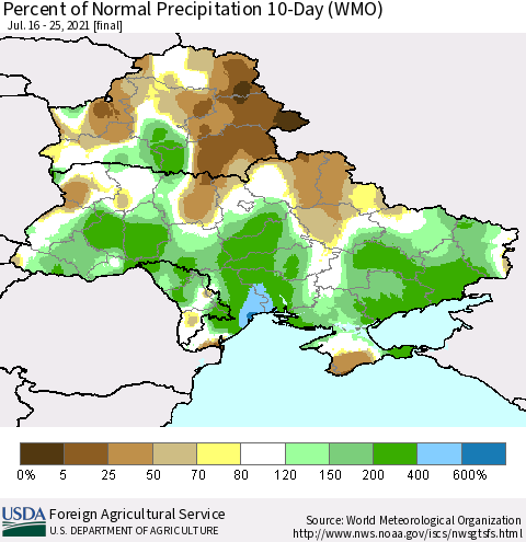Ukraine, Moldova and Belarus Percent of Normal Precipitation 10-Day (WMO) Thematic Map For 7/16/2021 - 7/25/2021