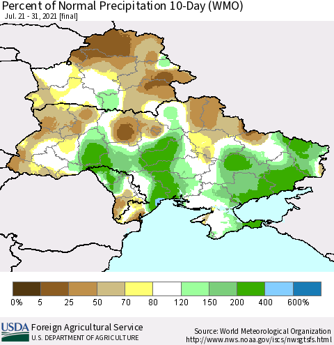 Ukraine, Moldova and Belarus Percent of Normal Precipitation 10-Day (WMO) Thematic Map For 7/21/2021 - 7/31/2021