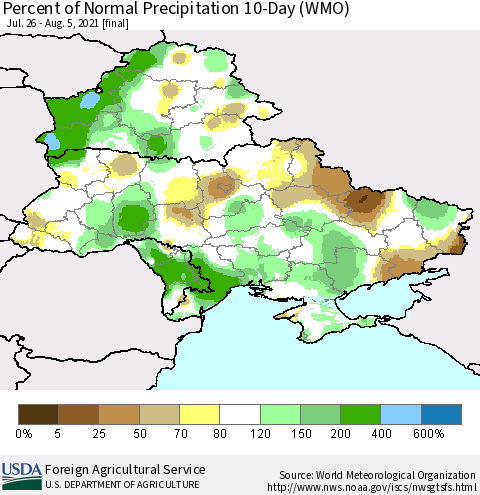 Ukraine, Moldova and Belarus Percent of Normal Precipitation 10-Day (WMO) Thematic Map For 7/26/2021 - 8/5/2021