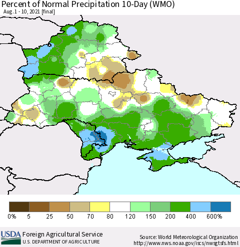 Ukraine, Moldova and Belarus Percent of Normal Precipitation 10-Day (WMO) Thematic Map For 8/1/2021 - 8/10/2021