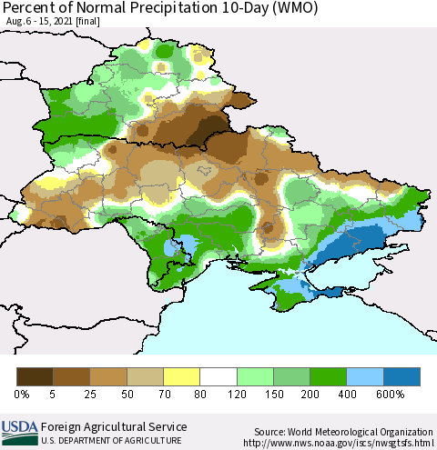 Ukraine, Moldova and Belarus Percent of Normal Precipitation 10-Day (WMO) Thematic Map For 8/6/2021 - 8/15/2021