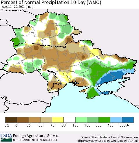 Ukraine, Moldova and Belarus Percent of Normal Precipitation 10-Day (WMO) Thematic Map For 8/11/2021 - 8/20/2021