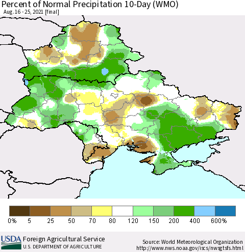 Ukraine, Moldova and Belarus Percent of Normal Precipitation 10-Day (WMO) Thematic Map For 8/16/2021 - 8/25/2021